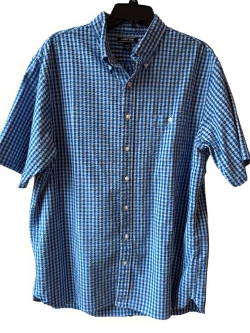 Lands’ End Men’s XLT Blue Seersucker Button Up Shirt Short Sleeve Plaid